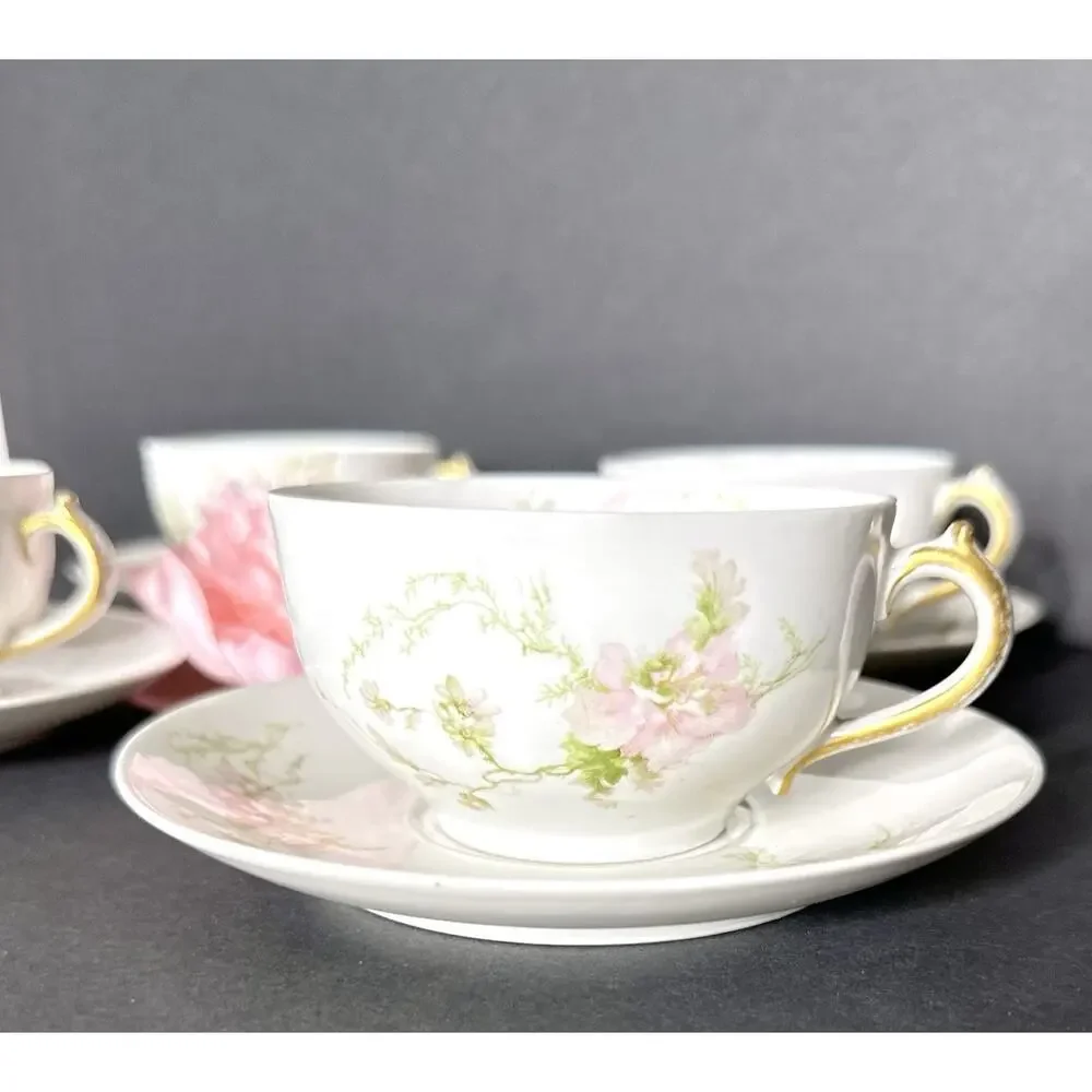 Charles Field Haviland Limoges France Pink Poppies Schleiger 377 Teacup & Saucer